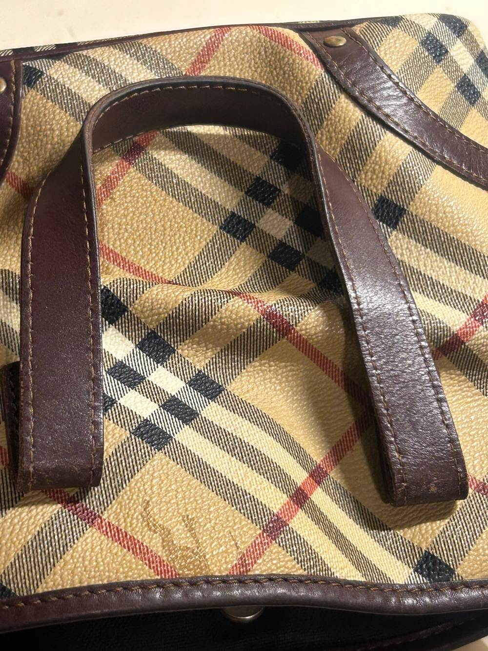 BURBERRY VTG Y2K Haymarket Coach Mini Tote Handbag Top Handle Leather Brown Tan - Picture 14 of 16